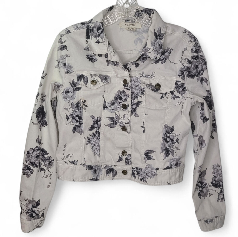 WORKSHOP ANDREA JOVINE White Denim Jean Jacket Black Roses Sz S